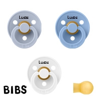 BIBS Colour Sutter med navn str2, 1 Dusty Blue, 1 Sky Blue, 1 White, Runde latex